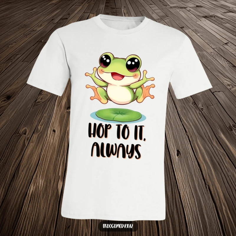 Funny frog with large eyes, joyfully leaping off a lily pad, printed on a t-shirt, capturing a moment of pure excitement.
