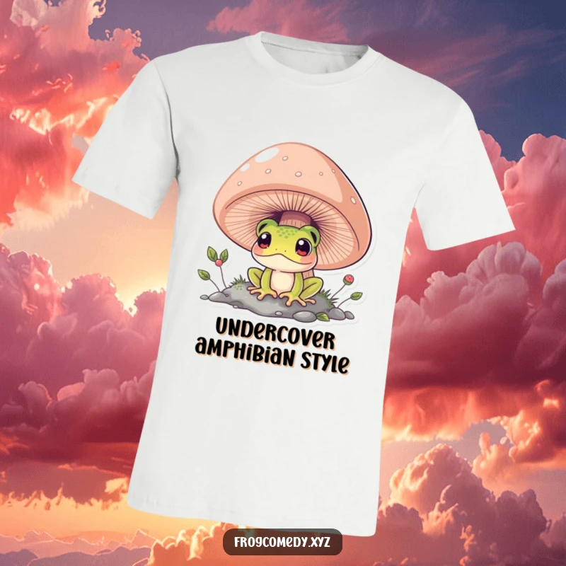 Funny curious frog peeking from under a large mushroom, cute cartoon t-shirt, woodland creature exploring, hilarious gift idea.