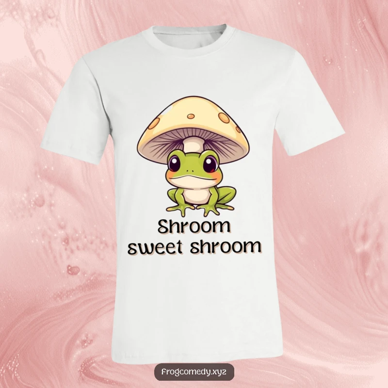 Funny frog curiously peeking from under a mushroom, printed on a t-shirt, celebrating hidden wonders and playful curiosity.