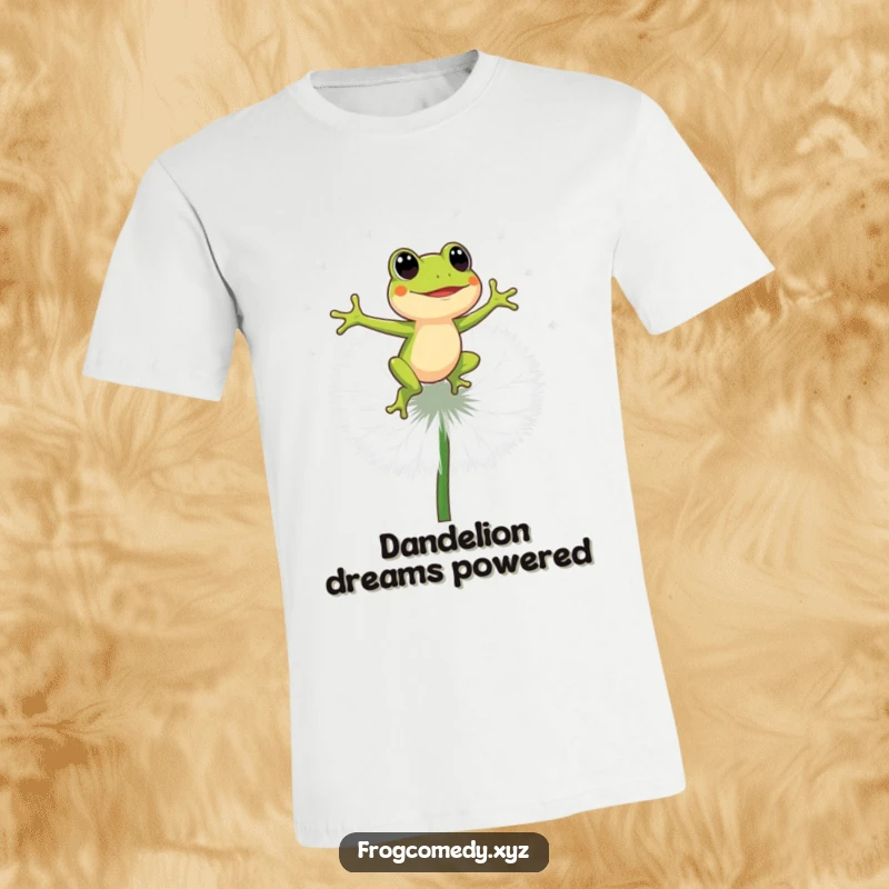 Funny energetic frog jumping on a giant dandelion puff, fun cartoon t-shirt, playful character, hilarious gift idea.