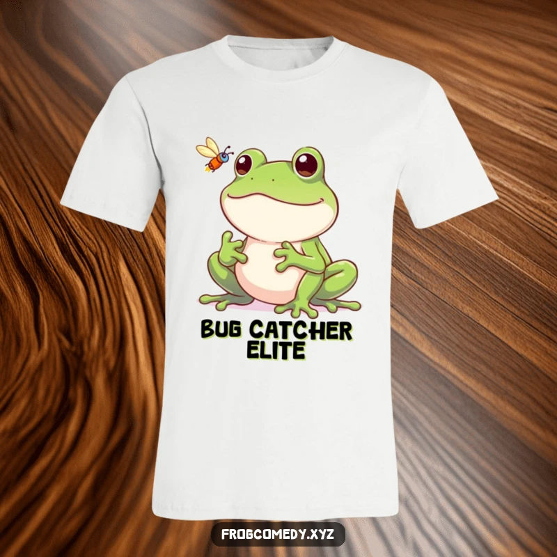 Funny frog t-shirt, a frog with a huge grin snatching a fly mid-air, capturing a moment of quick wit and humor.