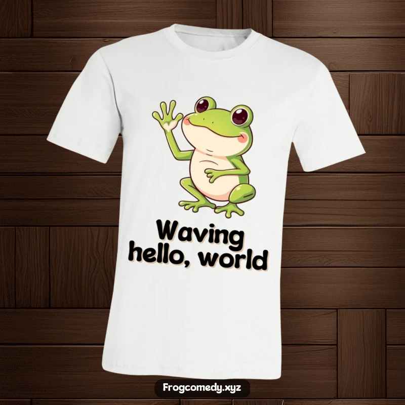 Funny t-shirt depicting a cheerful frog waving with its long legs in a comical, exaggerated manner.