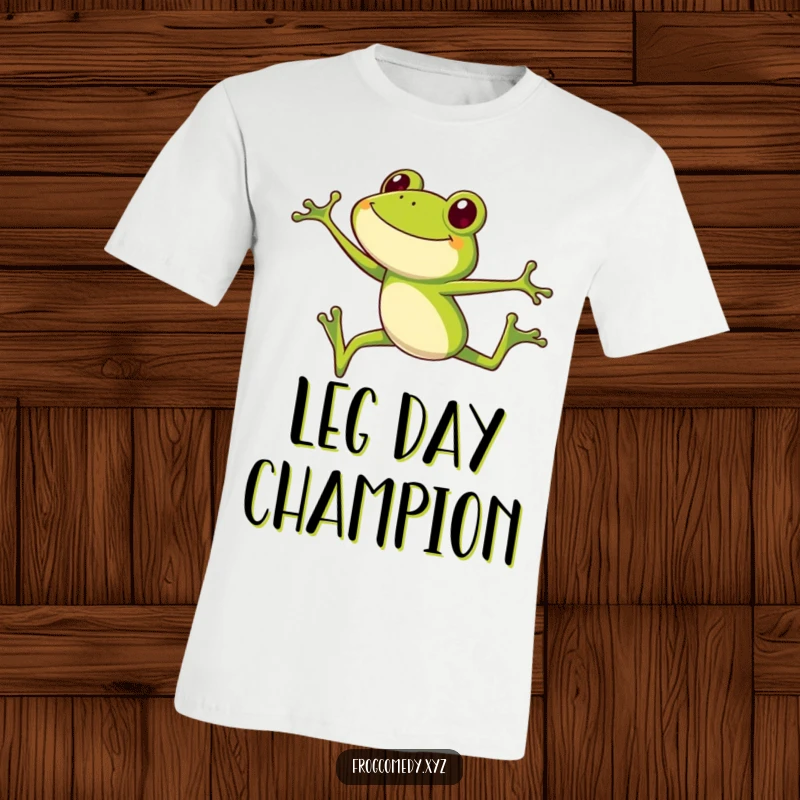 Funny frog t-shirt, a smiling long-legged frog performing an epic high jump, ideal for a funny gift.