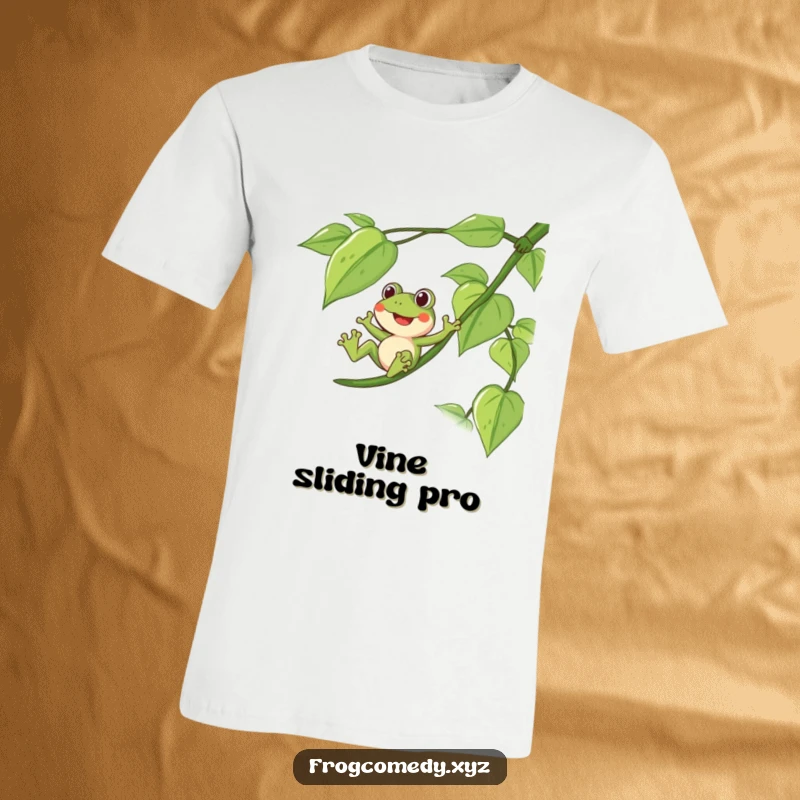 Funny t-shirt depicting a delighted frog sliding down a long, leafy vine, celebrating nature's fun.