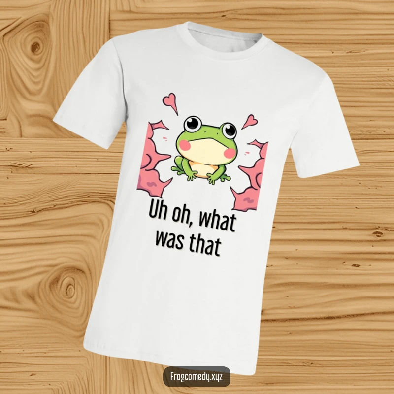 Funny Kawaii Frog T-Shirt, a frog with surprised expression seeing a boom, humorous and relatable.