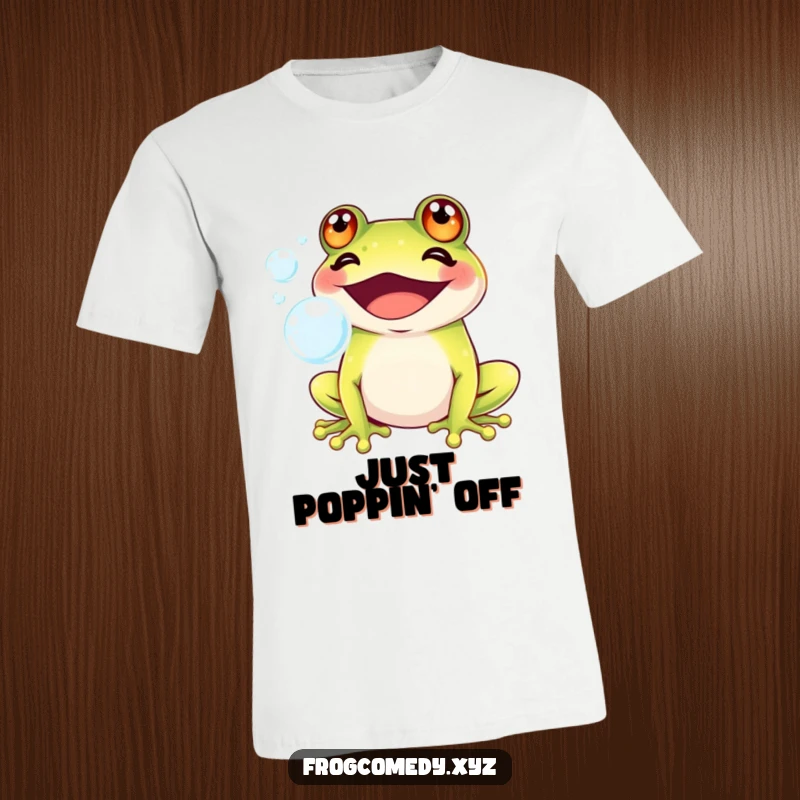 Funny Kawaii frog with a wide grin blowing shiny bubbles, featured on a t-shirt, showcasing adorable cuteness and playful joy.