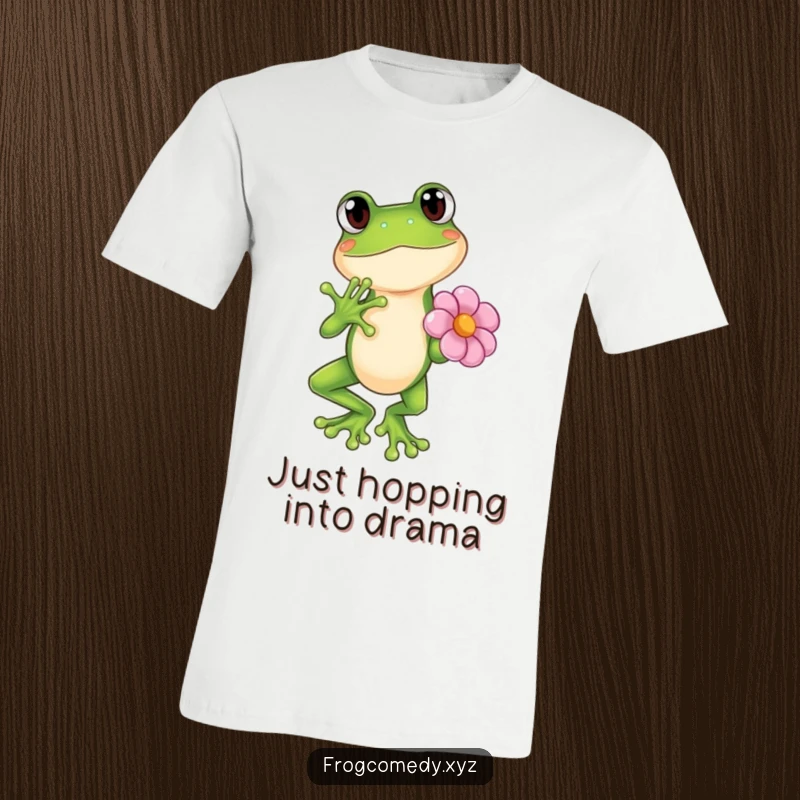 Funny Kawaii frog in a dramatic, flower-holding pose, soft anime art style, funny t-shirt.