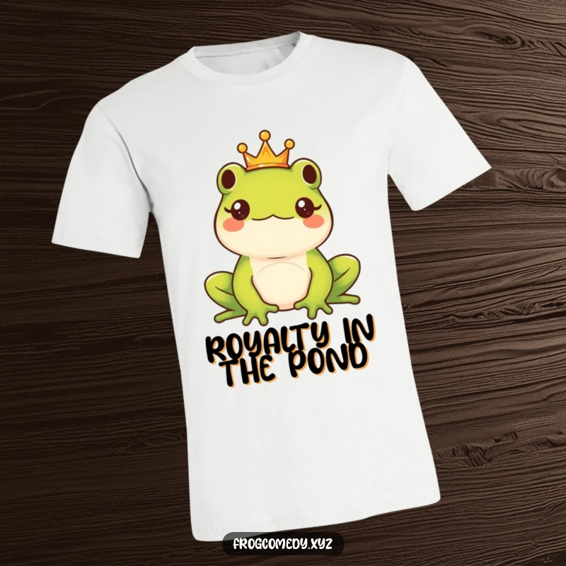 Funny Kawaii frog king wearing a tiny crown, exuding majesty and humor on a comfortable, funny t-shirt.
