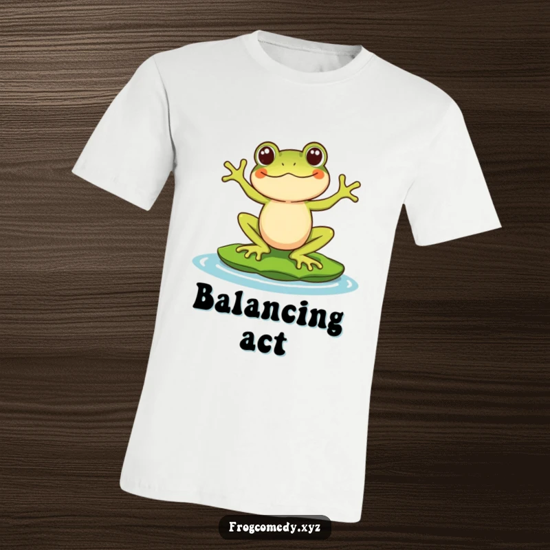 Funny Kawaii frog t-shirt depicting a stylized character comically balancing on a lily pad, perfect for those who enjoy humor in everyday struggles.