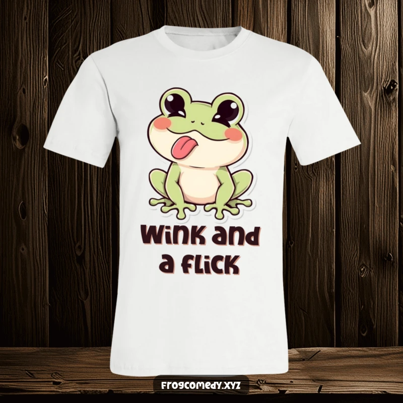 Funny Kawaii frog winking mischievously while sticking its tongue out, on this humorous and eye-catching t-shirt.