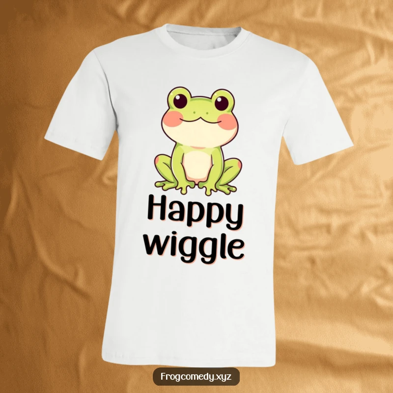 Funny t-shirt depicting a frog with rosy cheeks doing a happy wiggle, celebrating joy and movement.