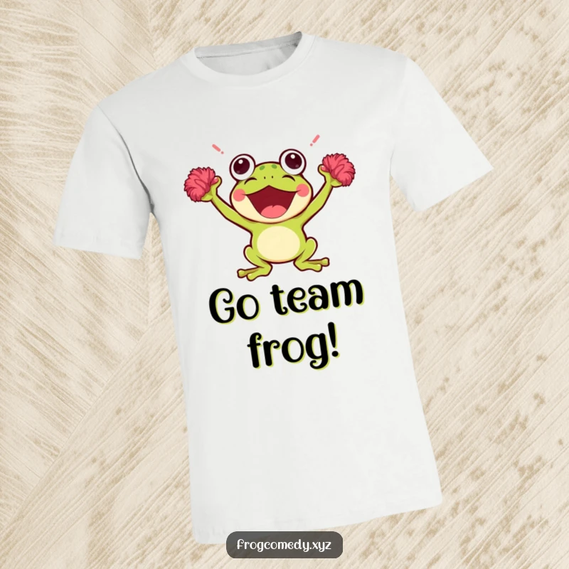 Funny Kawaii Frog T-Shirt: A cute frog character enthusiastically cheering with tiny pom-poms, perfect for showing support and spreading cheer.