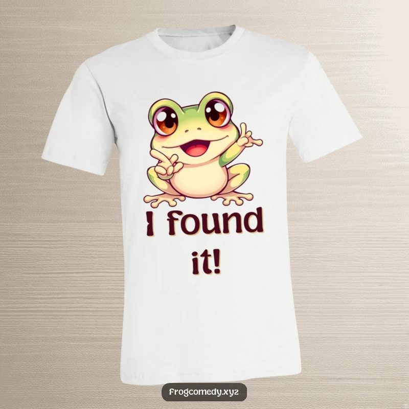Funny t-shirt depicting an excited frog with exaggerated bulging eyes, actively pointing, radiating pure, funny enthusiasm.