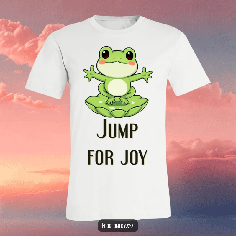 Funny frog t-shirt, a joyful frog character mid-air, about to land on a lily pad with a splash, vibrant and fun.