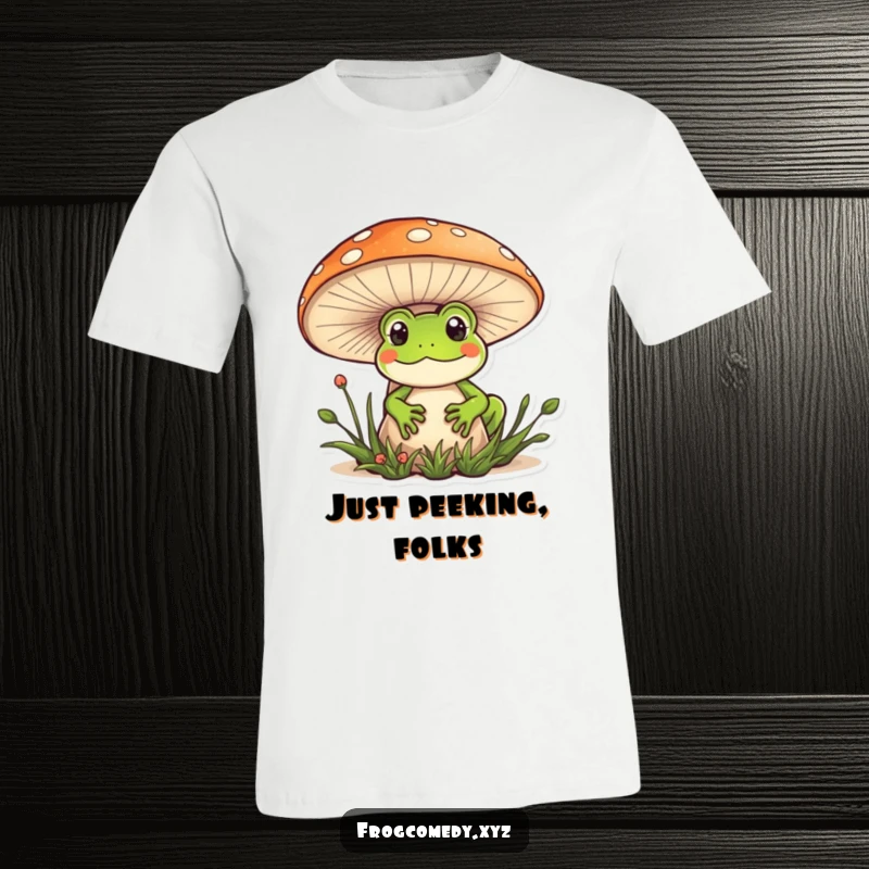 Funny Kawaii frog t-shirt with a stylized frog peeking playfully from behind a giant mushroom, a cute and humorous design.