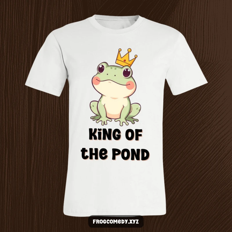 Funny kawaii frog t-shirt showcasing a cute amphibian wearing a small crown, looking both majestic and delightfully playful.