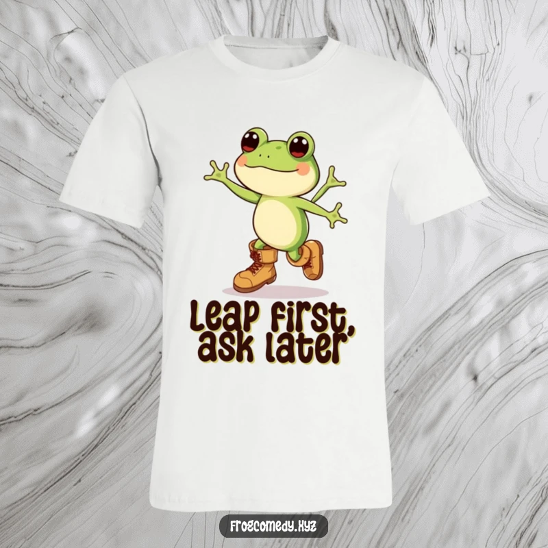 Funny Kawaii frog wearing giant boots, captured mid-leap with pure happiness, on this humorous and vibrant t-shirt.