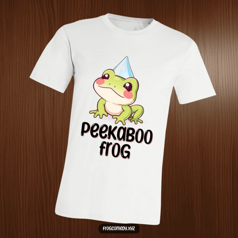 Funny Kawaii frog t-shirt with a cute frog peeking playfully from behind a sparkly raindrop, a delightful rainy-day design.