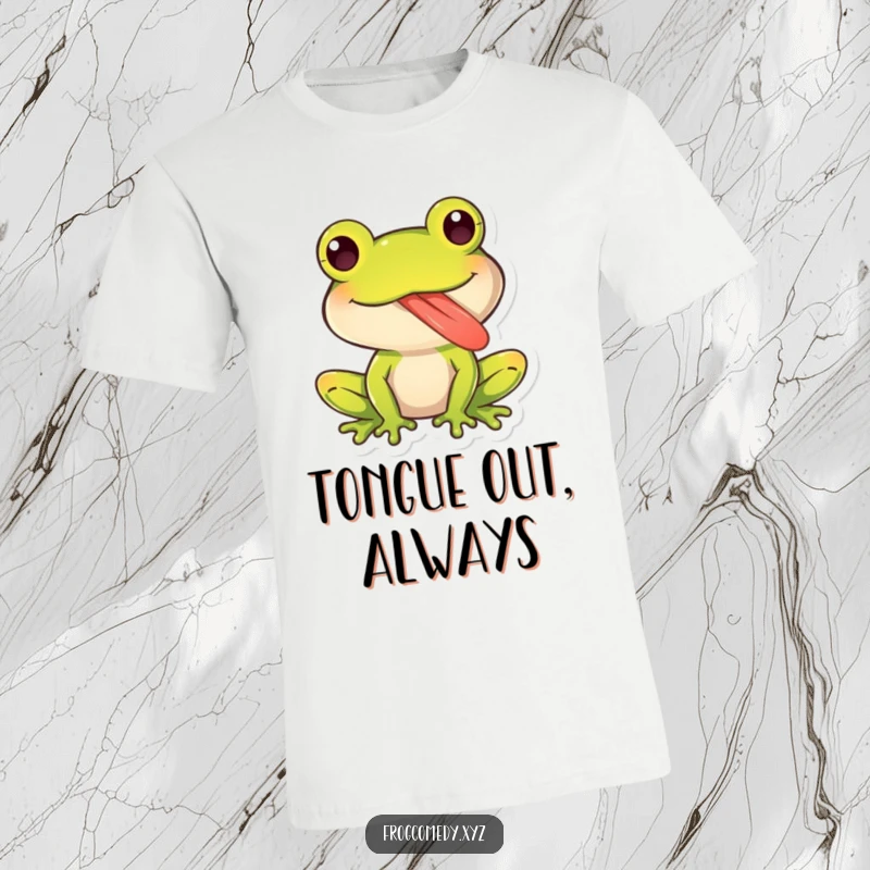 Funny t-shirt featuring a kawaii frog character sticking out its long, sticky tongue playfully, perfect for humorous and cute expression.
