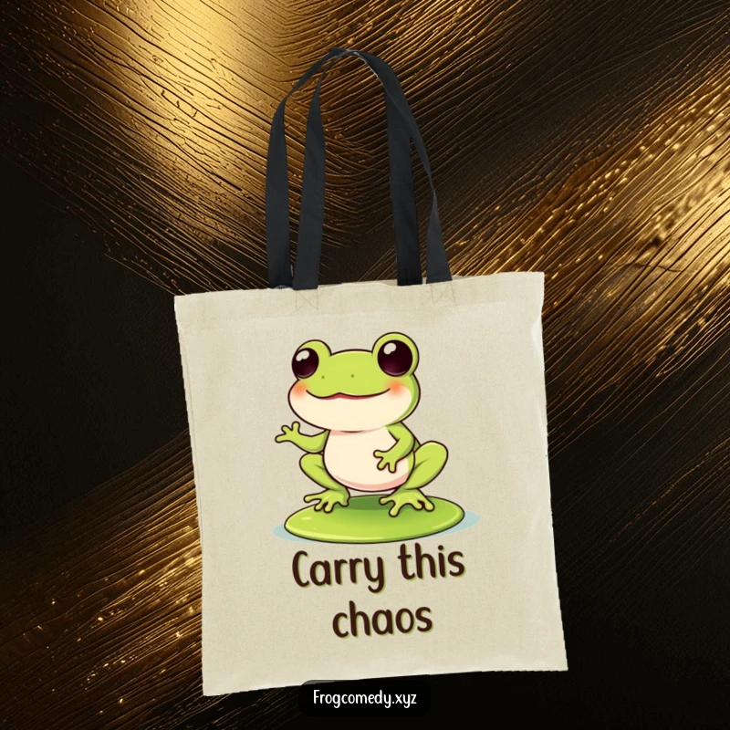 Funny Kawaii frog wobbling with laughter while balancing on a lily pad, on a tote bag, perfect for carrying items with a cheerful, humorous attitude.