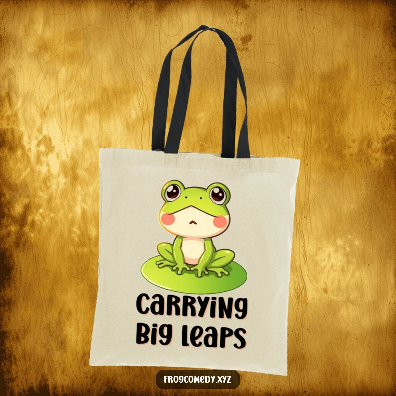 Funny tote bag depicting a frog with a comically surprised face on a lily pad, perfect for carrying items with a humorous twist.