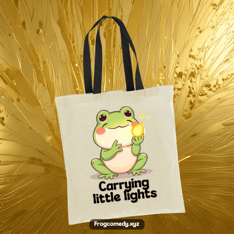 Funny kawaii frog tote bag, with a shy frog offering a glowing firefly, a stylish and heartwarming accessory.