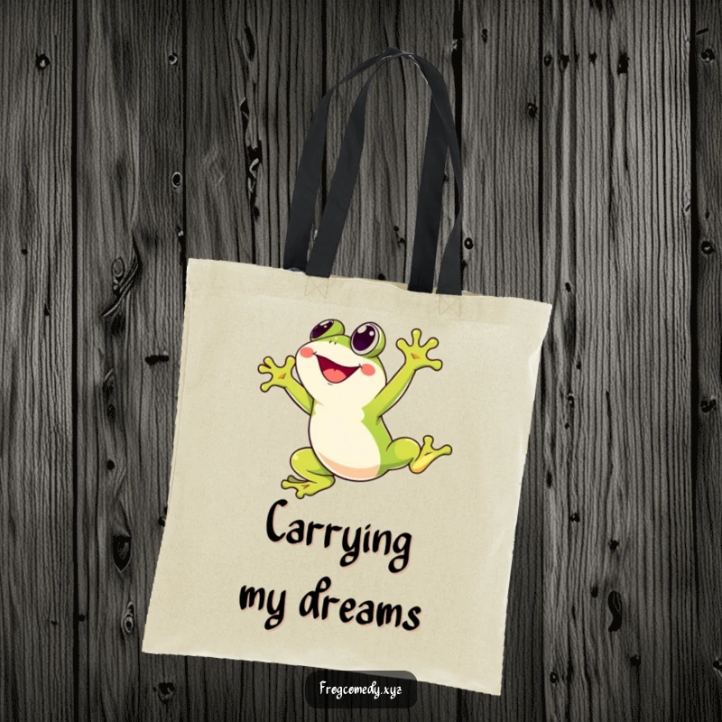 Funny tote bag showcasing a Kawaii stylized frog character joyfully leaping high into the air, perfect for everyday use and spreading cheerful energy.