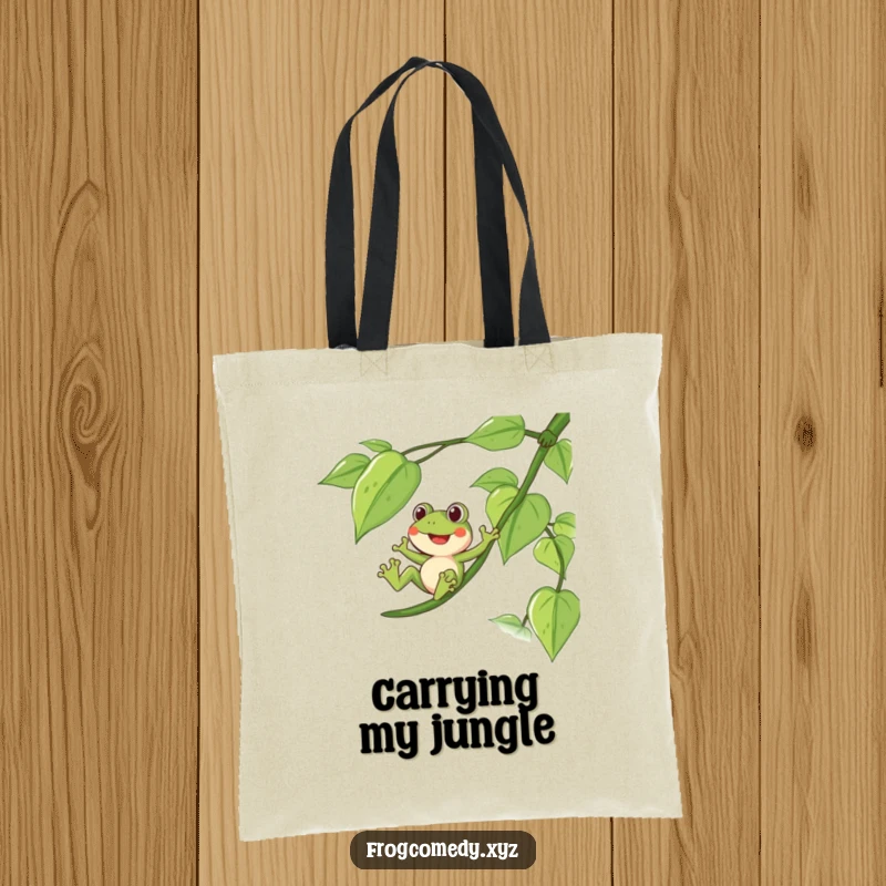 Funny tote bag with a delighted frog sliding down a long, leafy vine, perfect for nature lovers.