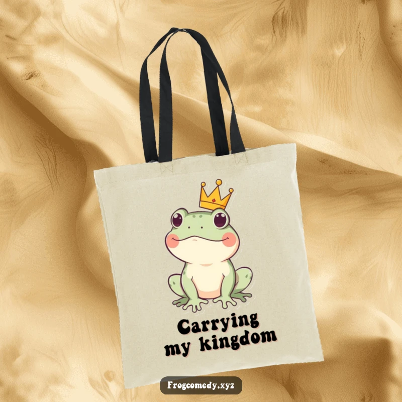 Funny kawaii frog crown tote bag with a cute amphibian wearing a small crown, blending regal elegance with playful charm.