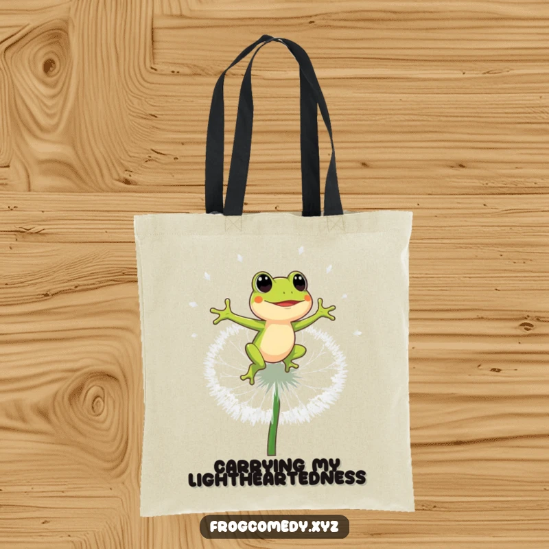 Funny energetic frog bouncing on a large dandelion puff, durable tote bag, cute cartoon animal design, perfect humorous gift.