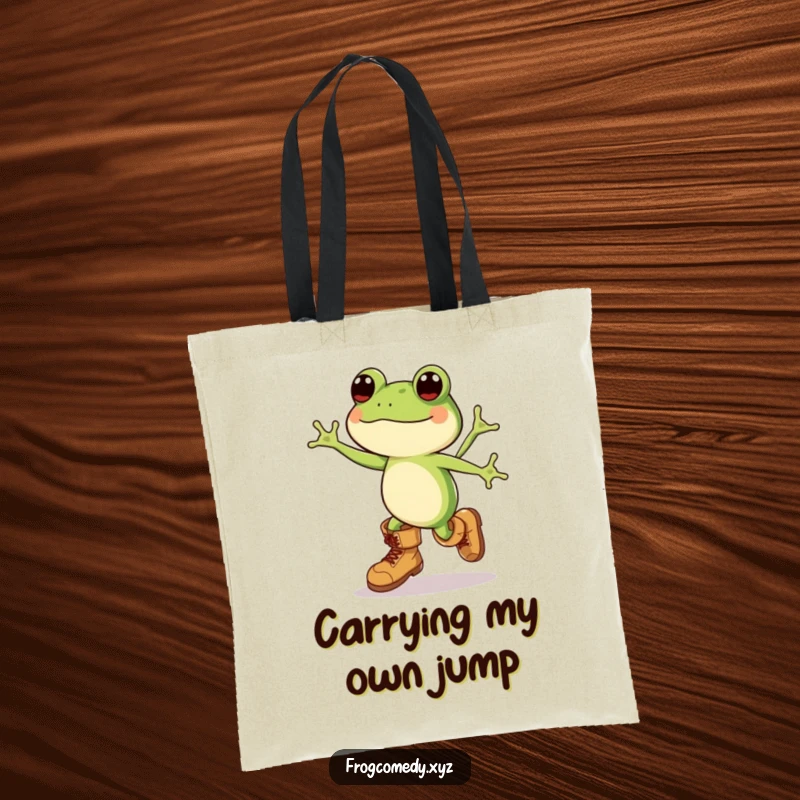Funny Kawaii frog, sporting oversized boots and leaping with glee, makes this tote bag a humorous and practical accessory.