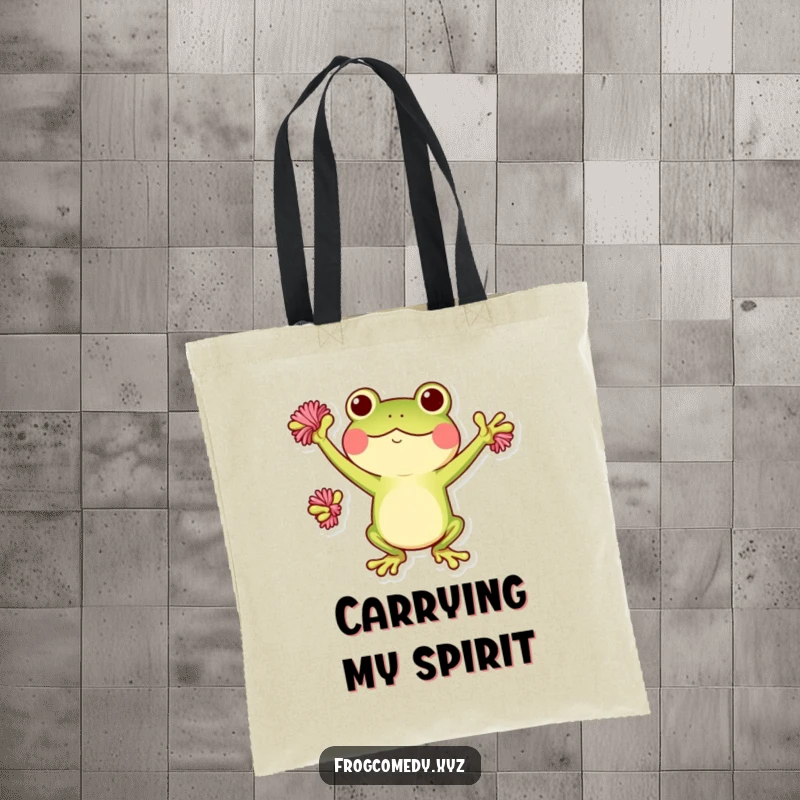 Funny Kawaii frog tote bag showing a cute frog cheering with pom-poms, a humorous and practical accessory.