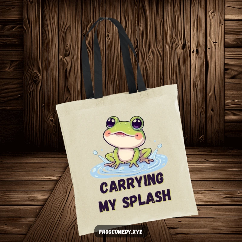 Funny tote bag featuring a happy frog gleefully splashing in a puddle, eyes wide with amusement.
