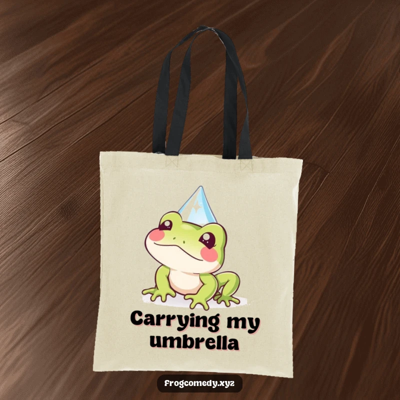 Funny Kawaii frog tote bag featuring a cute frog peeking from behind a sparkly raindrop, a charming and practical accessory.
