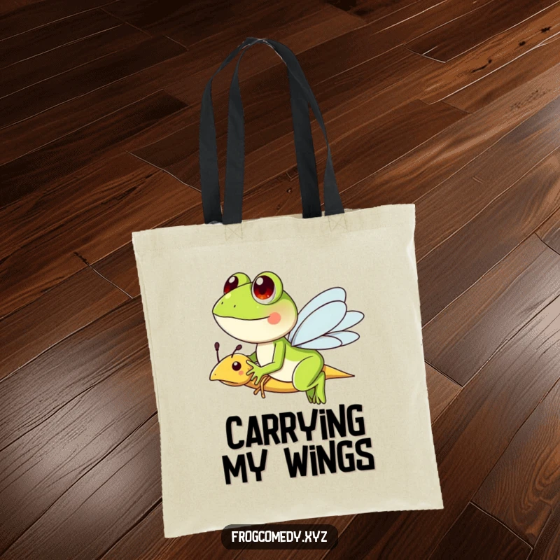 Funny tote bag with a frog character riding a friendly dragonfly, perfect for carrying items with a sense of whimsical adventure.