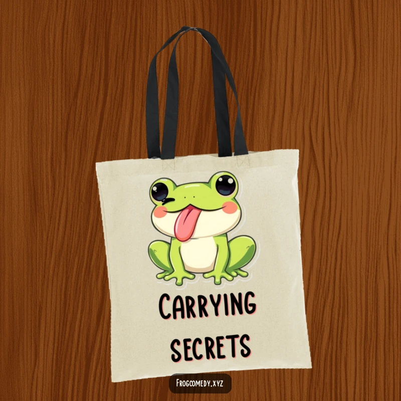 Funny Kawaii frog sticking its tongue out and winking playfully, on a tote bag, perfect for carrying items with a bold, humorous attitude.