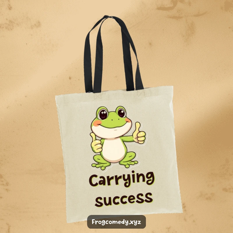 Funny tote bag with a happy frog giving a big thumbs up, perfect for carrying items with a positive and funny attitude.