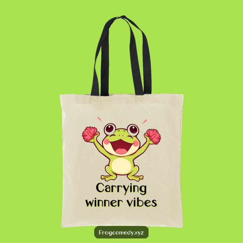 Funny Kawaii Frog Tote Bag: Cheerful Pom-Poms Carry-All, Ideal Enthusiastic Funny Gift!