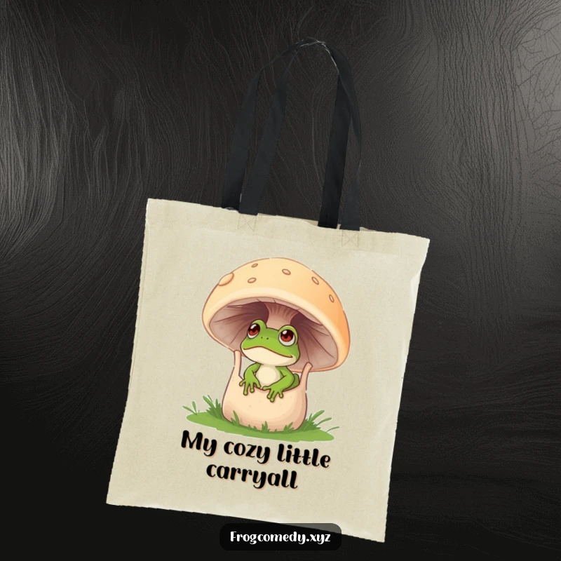 Funny tote bag showing a curious frog peeking its head out from a large mushroom.