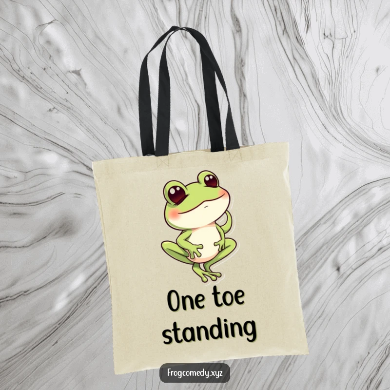 Funny frog character balancing on one toe with a mischievous wink, printed on a durable tote bag.