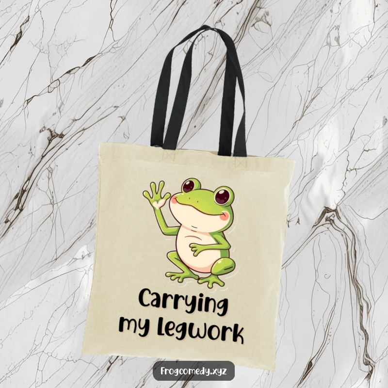 Funny tote bag featuring a happy frog waving enthusiastically with its long legs in an exaggerated style.