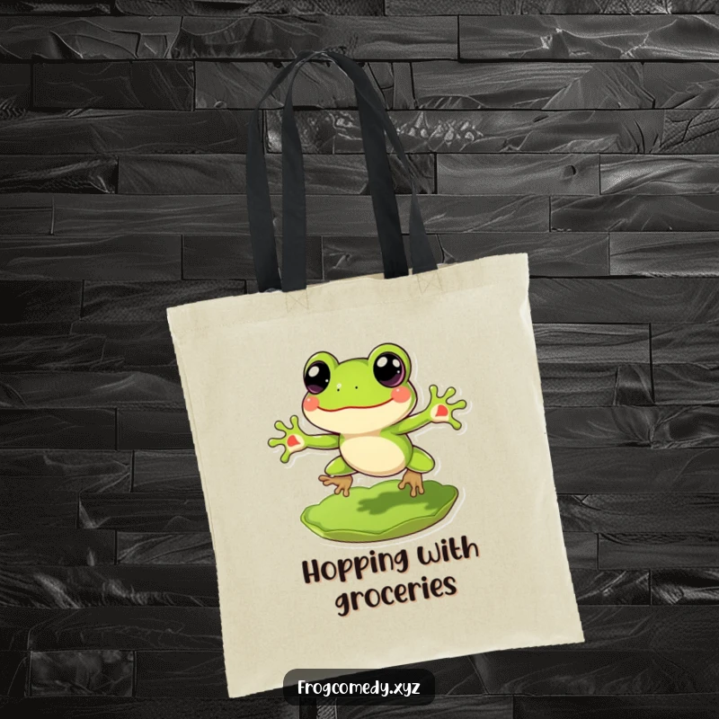 Funny Frog Tote Bag: A cheerful frog with big eyes leaping exuberantly from a lily pad, perfect for carrying items.