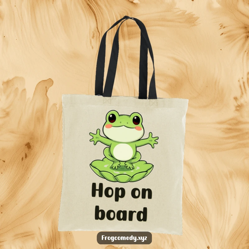 Funny frog tote bag, a joyful frog character jumping onto a lily pad, practical and charming accessory.