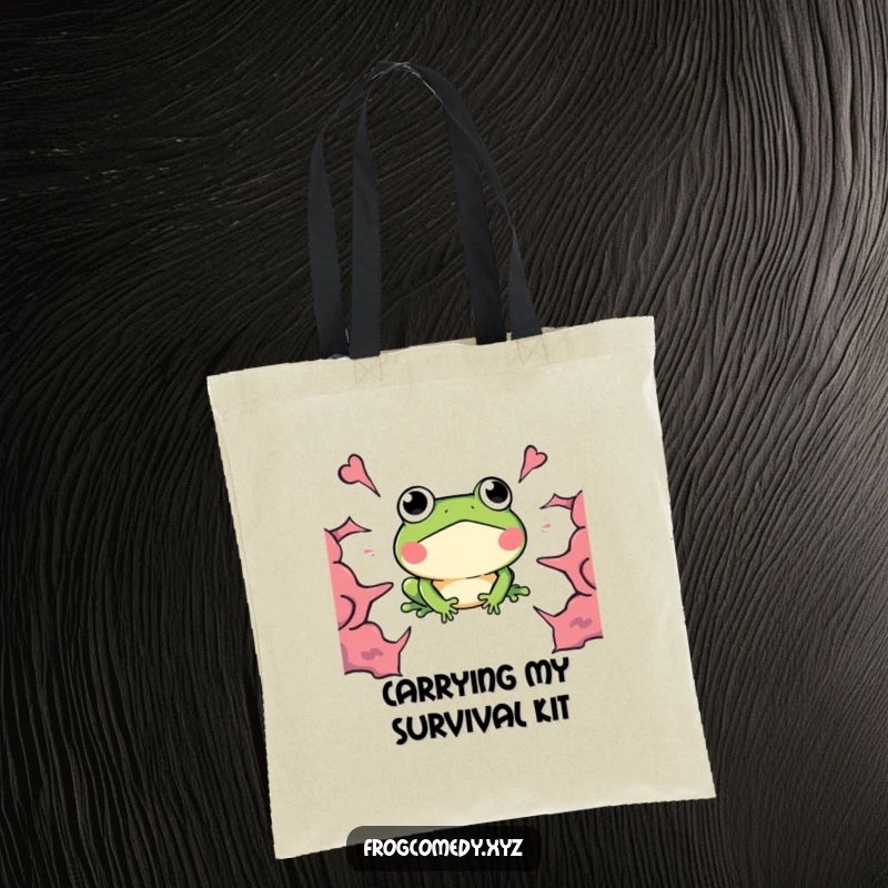 Funny Kawaii Frog Tote Bag, a surprised frog with wide eyes and an approaching boom, humorous and practical.