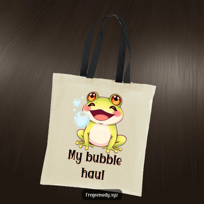 Funny Kawaii frog with a big grin blowing iridescent bubbles, on a tote bag, perfect for carrying items with cute, bubbly charm.