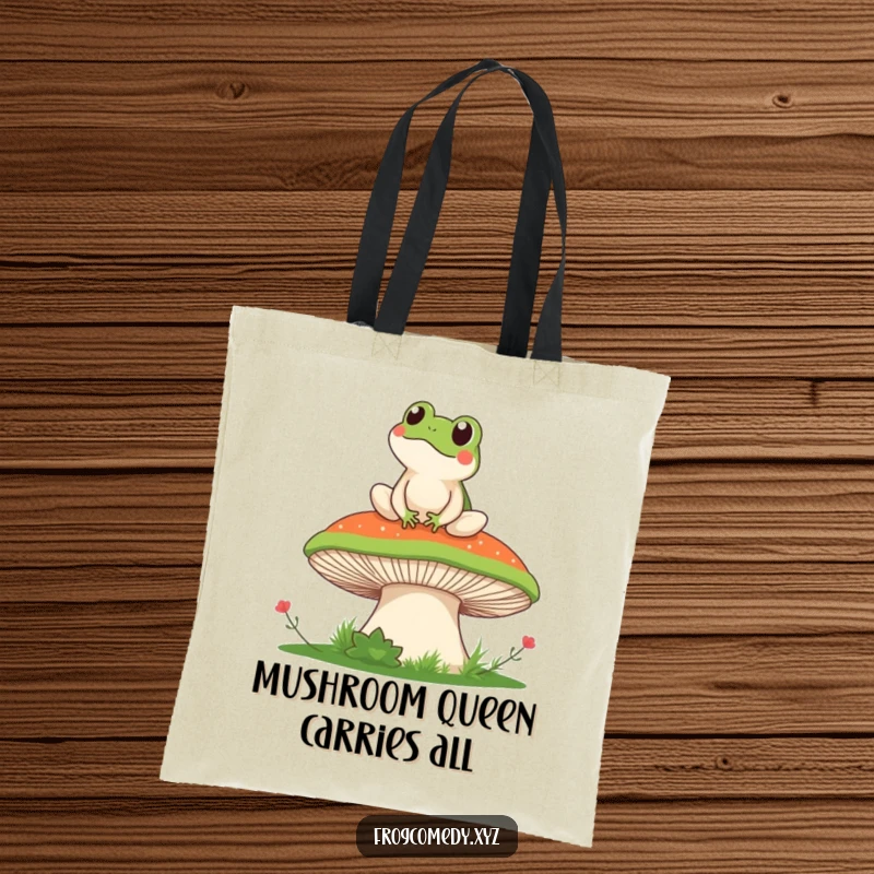 Funny tote bag showcasing a charming kawaii frog relaxing on a mushroom, appreciating the expansive scenery with a joyful, humorous expression.