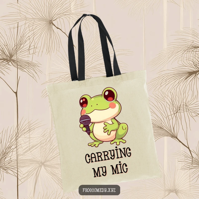Funny Kawaii frog tote bag featuring a cute frog holding a microphone and croaking, a charming and musical accessory.