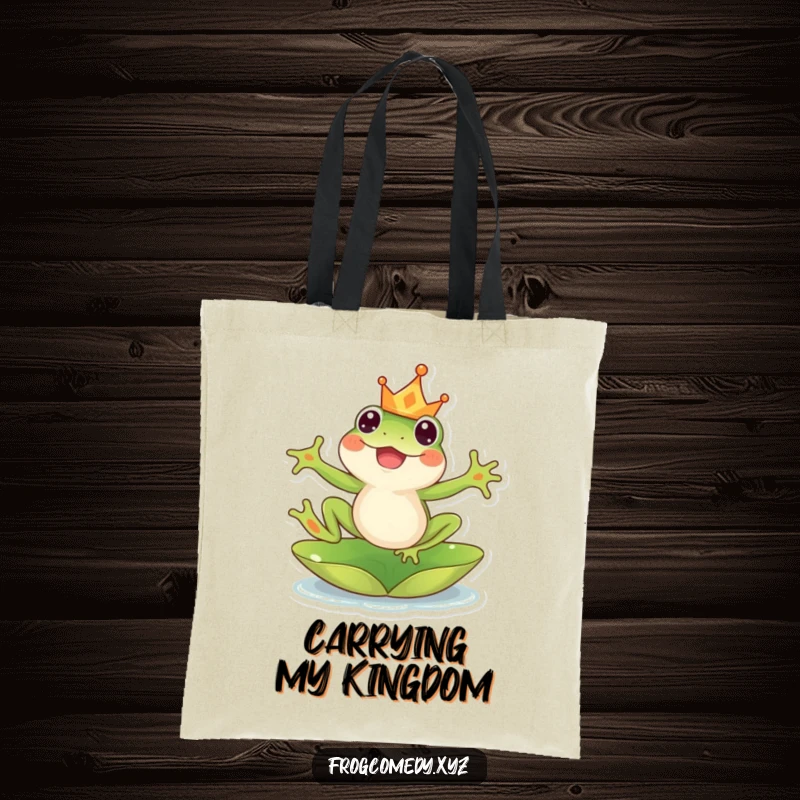 Funny kawaii frog tote bag, with a crowned frog leaping joyfully from a lily pad, a stylish and humorous accessory.