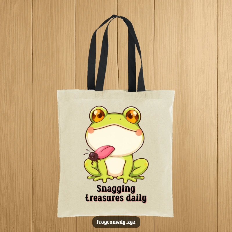 Funny frog with a wide smile, catching a fly with its tongue, on a durable tote bag, for stylish and humorous carrying.