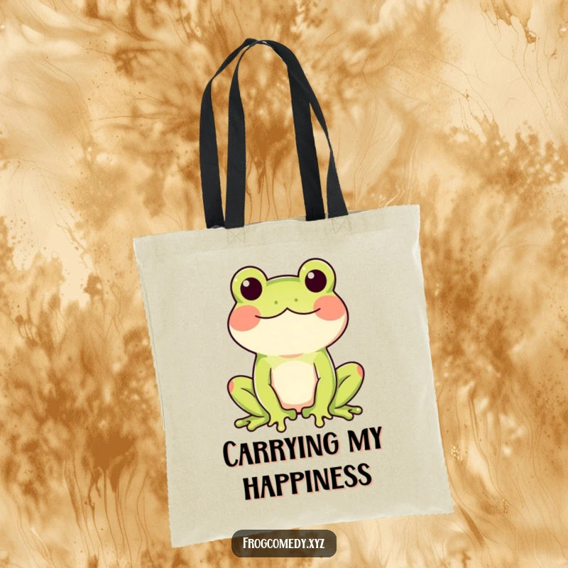 Funny tote bag with a rosy-cheeked frog doing a happy wiggle, perfect for carrying happiness.